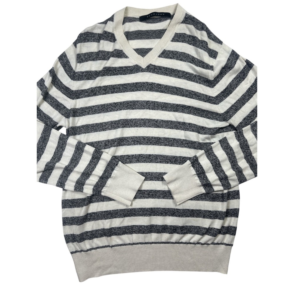 Sean John Sweater Men's XL White Gray Striped Knit V-Neck Long Sleeve‎ Pullover
